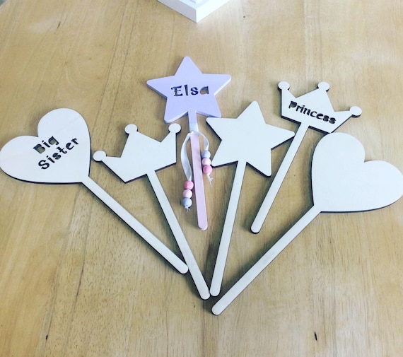 Unpainted laser cut wooden wands - heart, star or tiara, personalisation available