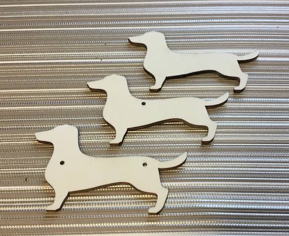 NEW pack of 10 unpainted laser cut Wooden miniature dachshund, sausage dogs.  Available with holes or not and in 3 different sizes