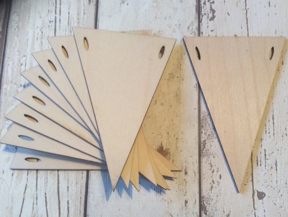 Set of ten triangle pennants for garlands or bunting laser wood slits or holes