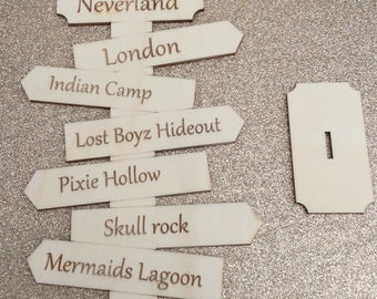 Gorgeous  Peter Pan Neverland freestanding signpost laser cut wood - indian camp, London, lost boyz hideout, pixie hollow, skull rock