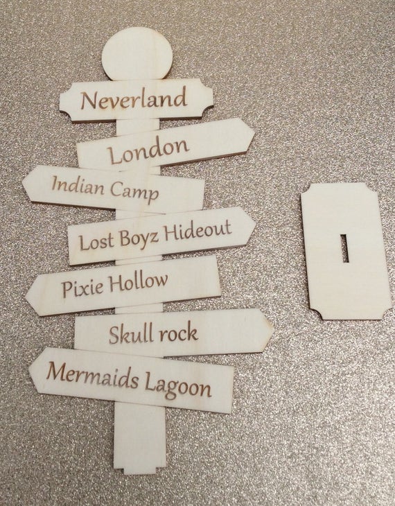 Gorgeous  Peter Pan Neverland freestanding signpost laser cut wood - indian camp, London, lost boyz hideout, pixie hollow, skull rock