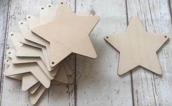 pack of 10 unpainted laser cut stars with two holes perfect for garland or bunting - pyrography, decopatch
