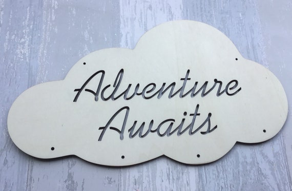 Unpainted 28cm large laser cut wooden cloud - Adventure Awaits - birthday gift, new baby gift, baby shower gift