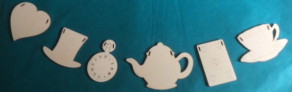 Alice in Wonderland Mad Hatters Tea Party garland, six items in all, available with holes, slits or blank