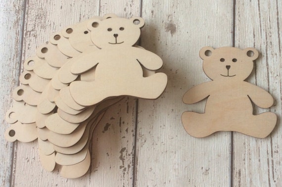 pack of 10 unpainted laser cut teddies available in 2 sizes, perfect for crafting, bunting, garland, tags embellishments