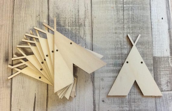 pack of 10 unpainted laser cut teepee, wigwam, Indian tent perfect for bunting, embellishments -fabulous for babies room, 1, 2or no hole