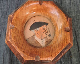 Folk ArtTole Pokerwork Souvenir French Tobacciana Vintage Wood Ashtray French Carved Wood AshtrayCendrier