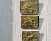 Antique Brass Hunting Plaques - 3 French Country Folk Art - Engraved Brass on Wood Vintage Wall Art Furniture