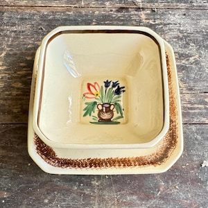 Tigela e prato Henriot Quimper, cerâmica vintage pintada à mão, arte popular francesa, faiança de meados do século passado, assinado HB Quimper