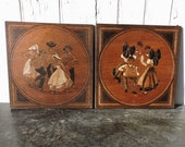 Pair of Wood Relief Painted Plaques, 2 Carved French Vintage Folk Art Plates, Romantic Wedding Anniversary Gift, Cabin Wall Decor