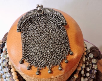 Chainmail Coin Purse, Vintage Ladies Silver Mesh Coin Pouch, French Hallmarked Chain Mail Lady's Evening Purse With Kiss Clasp
