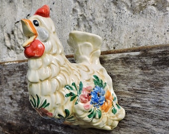 Ceramic Chicken Vase, Vintage Hand Painted Folk Art Pottery, Country Decor, Wall Hanging Flowers Display