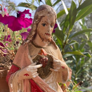 1920s Jesus Sacred Heart Religious Statue, Tall Antique Chalk/Plaster Sacre Coeur Sculpture, French Religious Art, Our Lord Christ Figurine