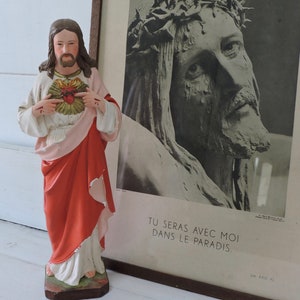 Jesus Sacred Heart, Our Lord Jesus Christ Statue, Christian Art, Plaster Sacred Heart Sculpture, French Vintage Religious Statue