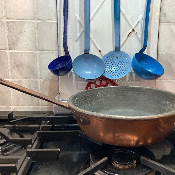 1930s Copper Skillet/Frying Pan With Iron Handle, French Made Steel Lined Rolled Rim Copper Saute Pan, French Vintage Kitchen Decor