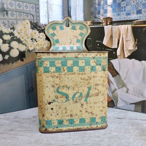 1920er Jahre Emaille Salz / Sel Box, Wandbehang Küchen Vorratsbehälter, Shabby Chic Marmor Effekt Emaille, Küchen Aufbewahrung, Bauernhaus Küche