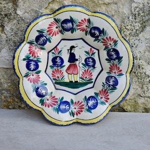 Tigela Henriot de Quimper, cerâmica de arte popular decorada à mão francesa, tigela de faiança Vintage Breton Henriot com borda recortada