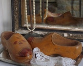 Vintage Childs Wood Clogs- Hand Made and Folk Art Tole Decorated French Shoes- French Hand Painted Sabots - 1940s Clogs