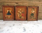 3 Vintage Wood Wall Plaques, French Folk Art Pictograph, Wall Hanging Diorama Wall Pictures, French Furniture