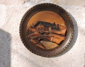 Vintage Carved Wood Wall Plaque - French Mountains Alpine Diorama - 1930s French Country Home Decor Wall Plate - Cabin Art