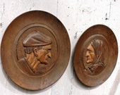 Pair of Carved Wall Plaques - Vintage French Wooden Dioramas - 1920s French Country Decor Wall Plates
