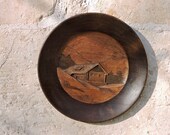 Vintage Carved Wood Wall Plaque - French Mountains Alpine Diorama - 1930s French Country Home Decor Wall Plate - Cabin Art