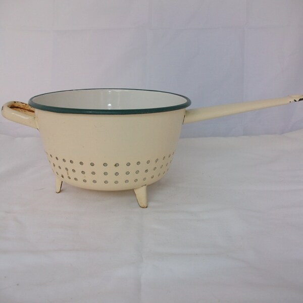 Vintage Enamel Strainer - French 1920s Metal Sieve/Steamer