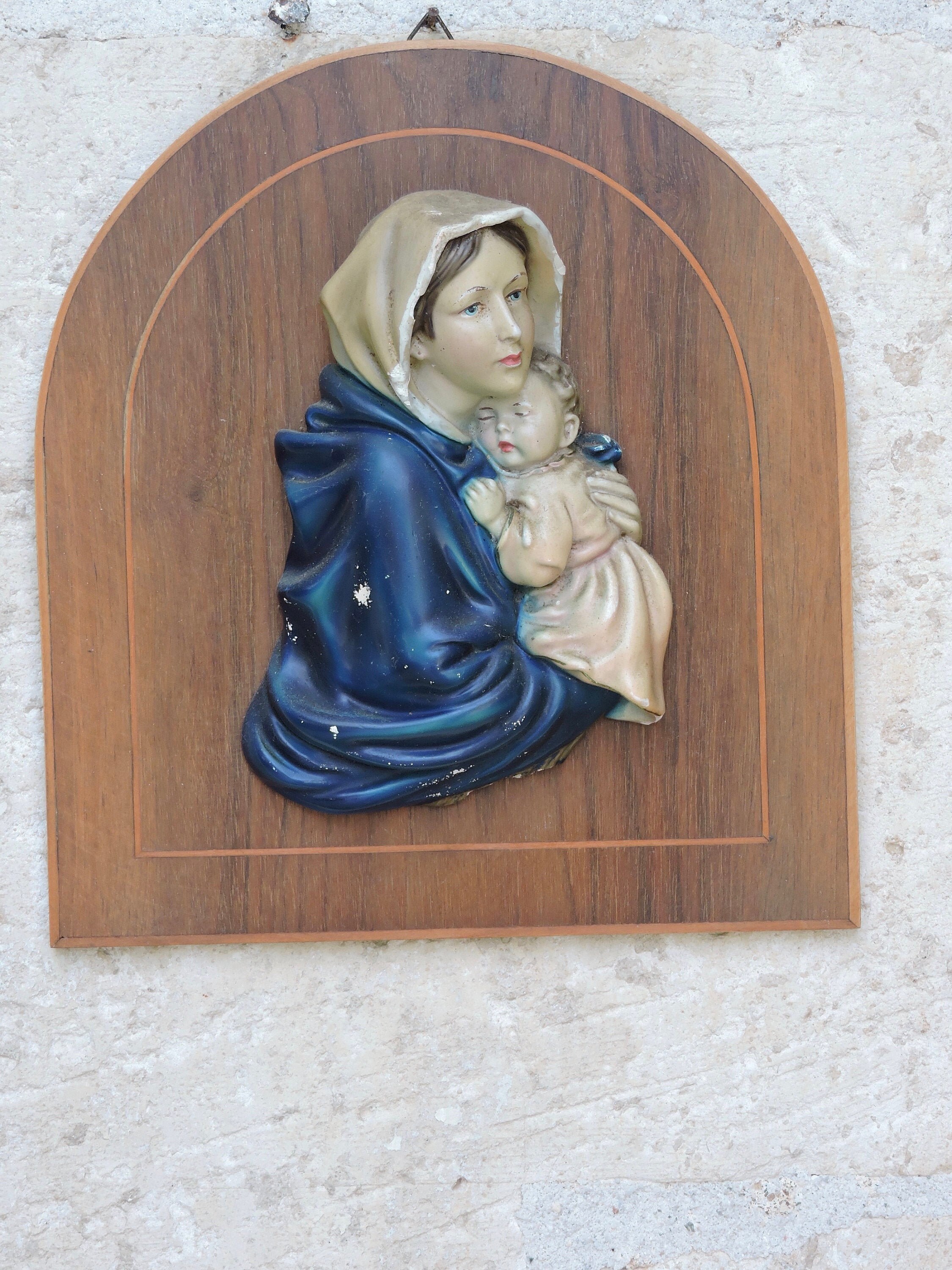 Vintage Sainte Marie et Jésus Diorama Photo, Portrait Religieux, Céramique Vierge Enfant sur Un Cadr