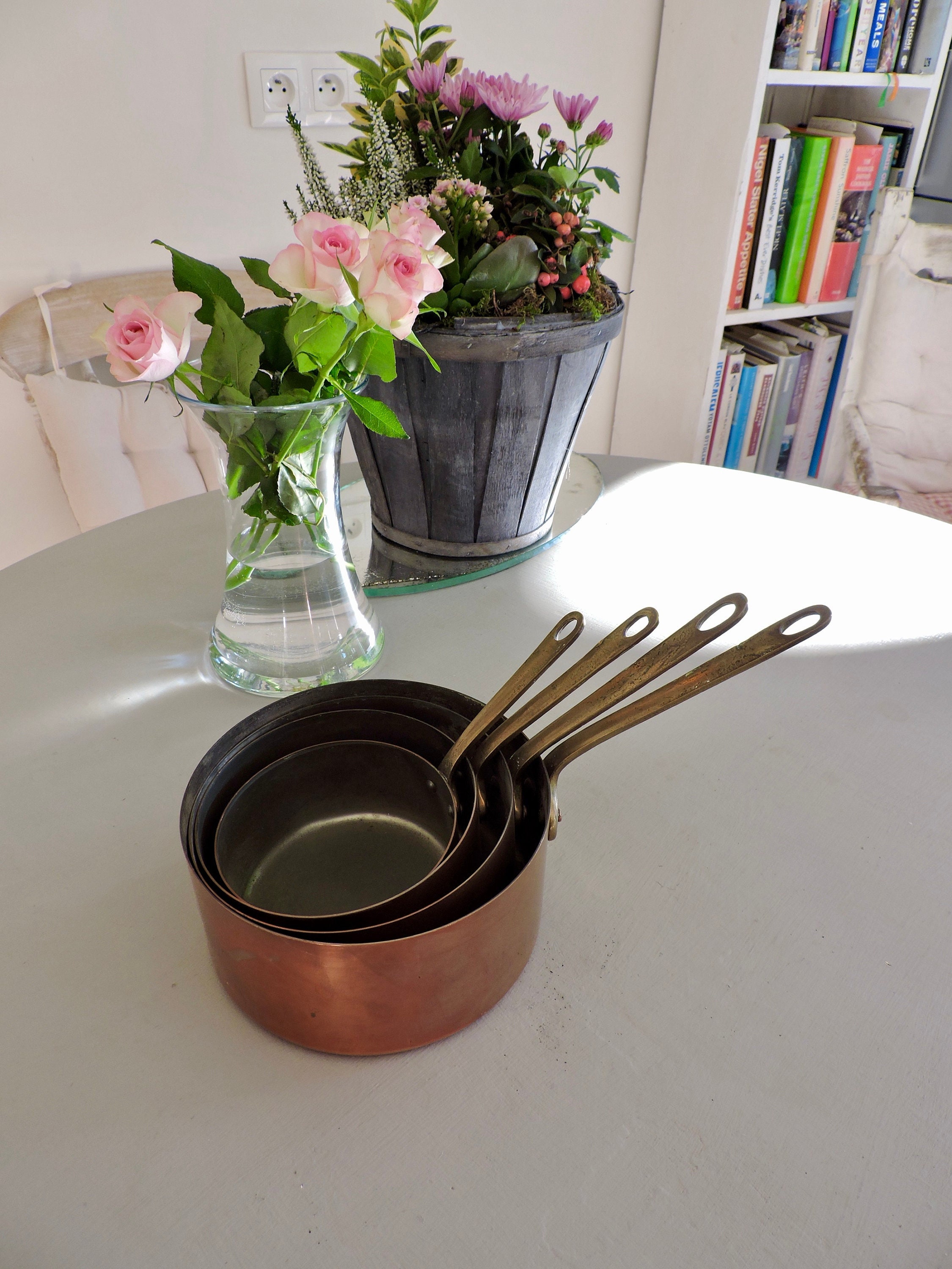 4 Casseroles en Cuivre, Cuivre Doublées, Ensemble Gradué de Quatre avec Poignées Laiton