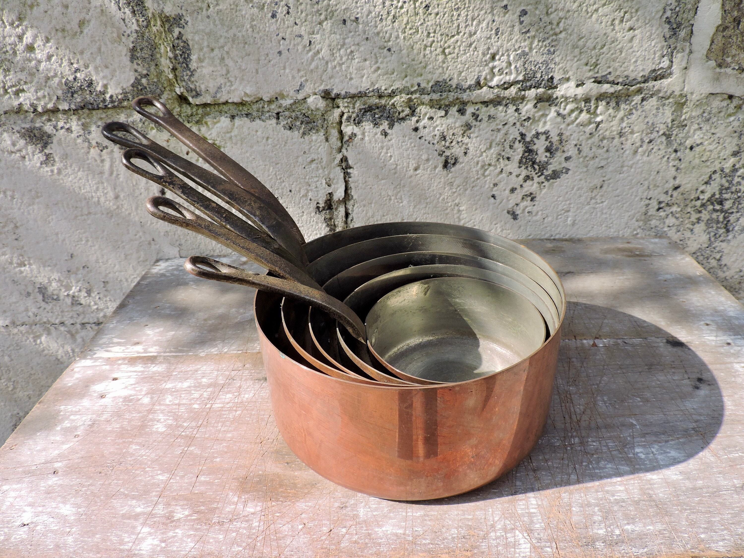 Small Vintage Copper Pots With Handles Three Heavy Graduated Sauce