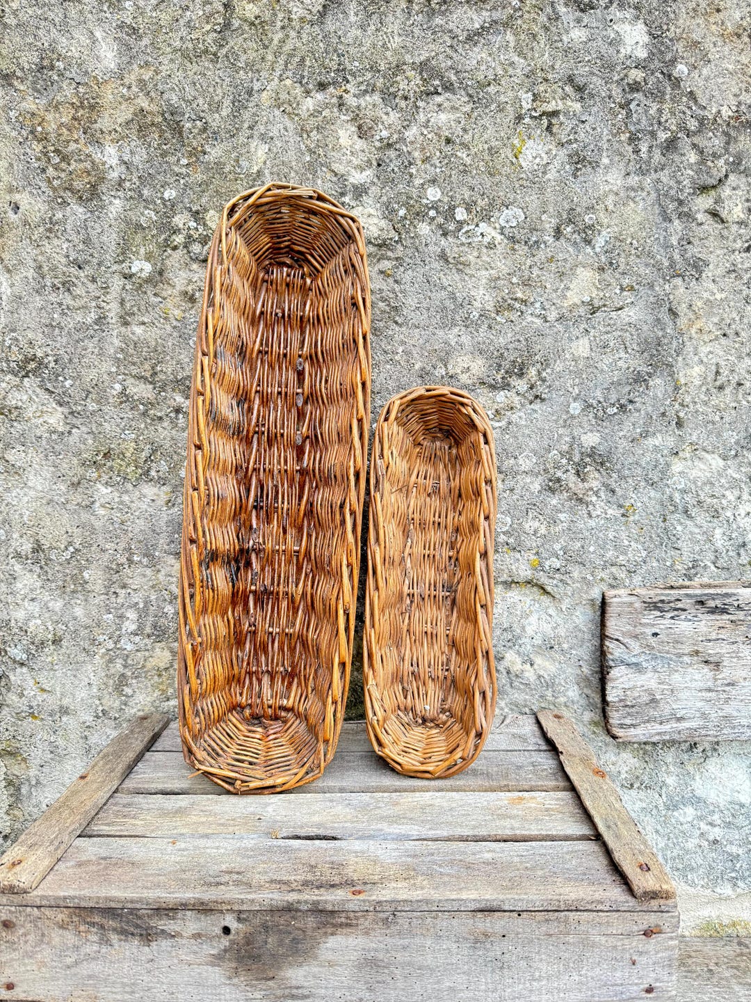 2 Vintage Baguette Baskets, French Woven Wicker Long-bread Baskets ...