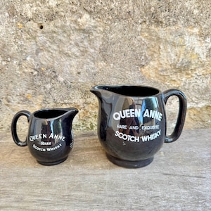 2 Queen Anne Whisky Promotional Water Jugs, Two Vintage Bar Café Black Ceramic Pitchers