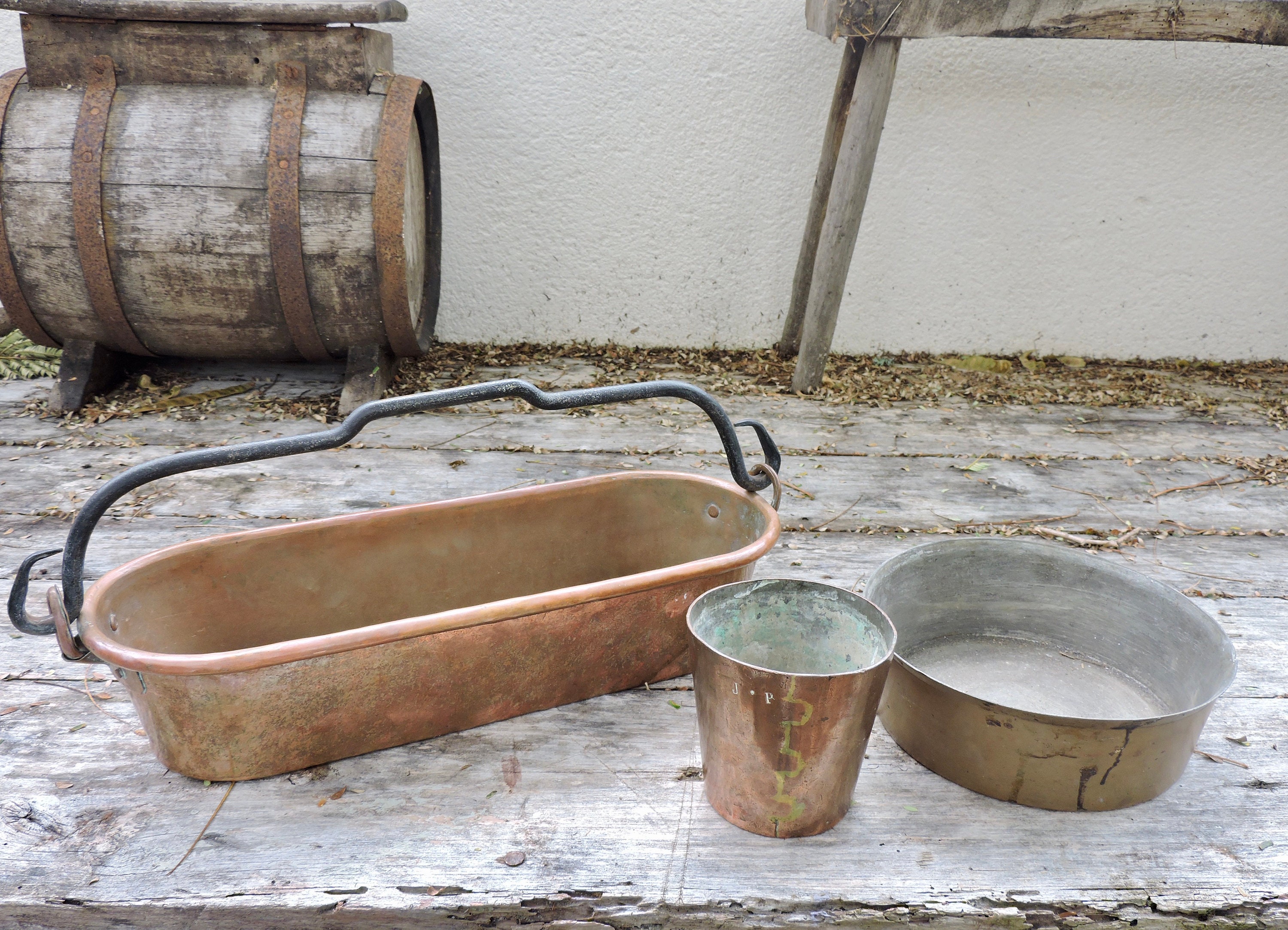 Jardinière en Cuivre Vintage et 2 Pots Cuivre, Porte-Plantes Suspendus Artisanal, Bac à Planter Fran