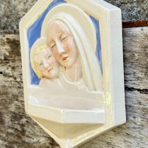 Vintage Mary and Jesus Ceramic Stoup, Christian Religious Water Font, Crowned Mary and Jesus Benetier, French Home Altar Decor