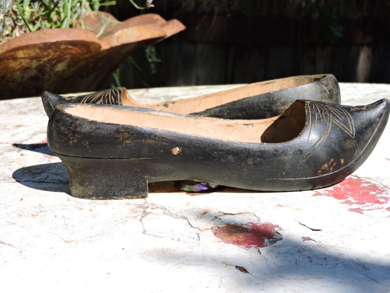 Vintage Clogs Pair of French Ladies ShoesSabots 1930s Ladies Clogs Treen Hand Made and Carved in Hardwood