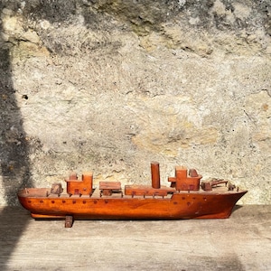 Vintage Model Naval Vessel, Carved Wood Miniature Warship, Model Boat, Nautical/Maritime Theme Design, French Navy Destroyer