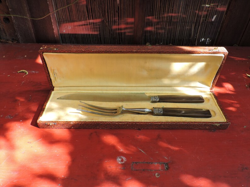 1930s Art Deco Carving Set Fork and Knife Superb French Carving Set In Original Presentation Box