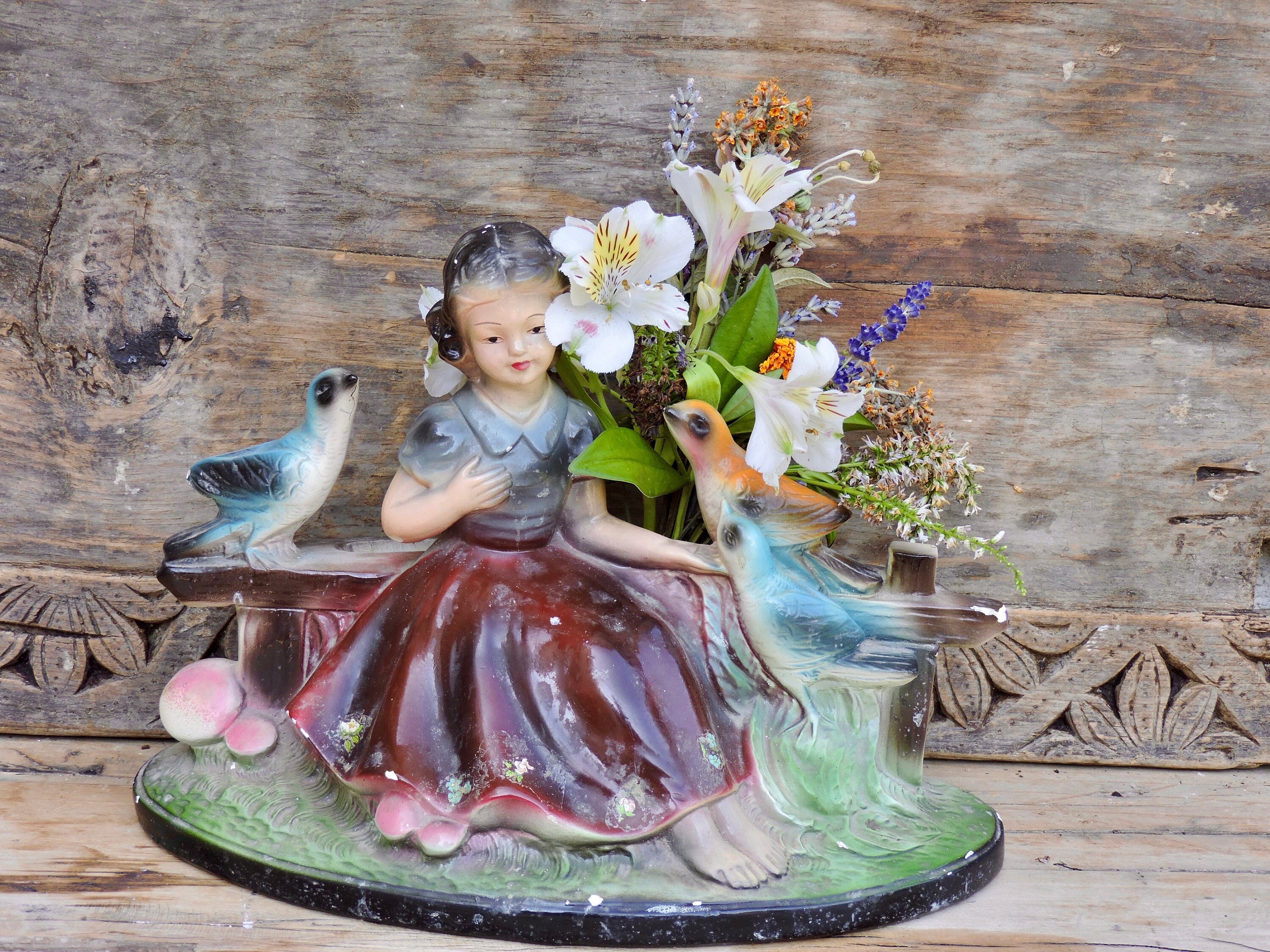 Fille avec Des Oiseaux Art Nouveau Figurine en Plâtre, Statue Plâtre Moulé Vintage