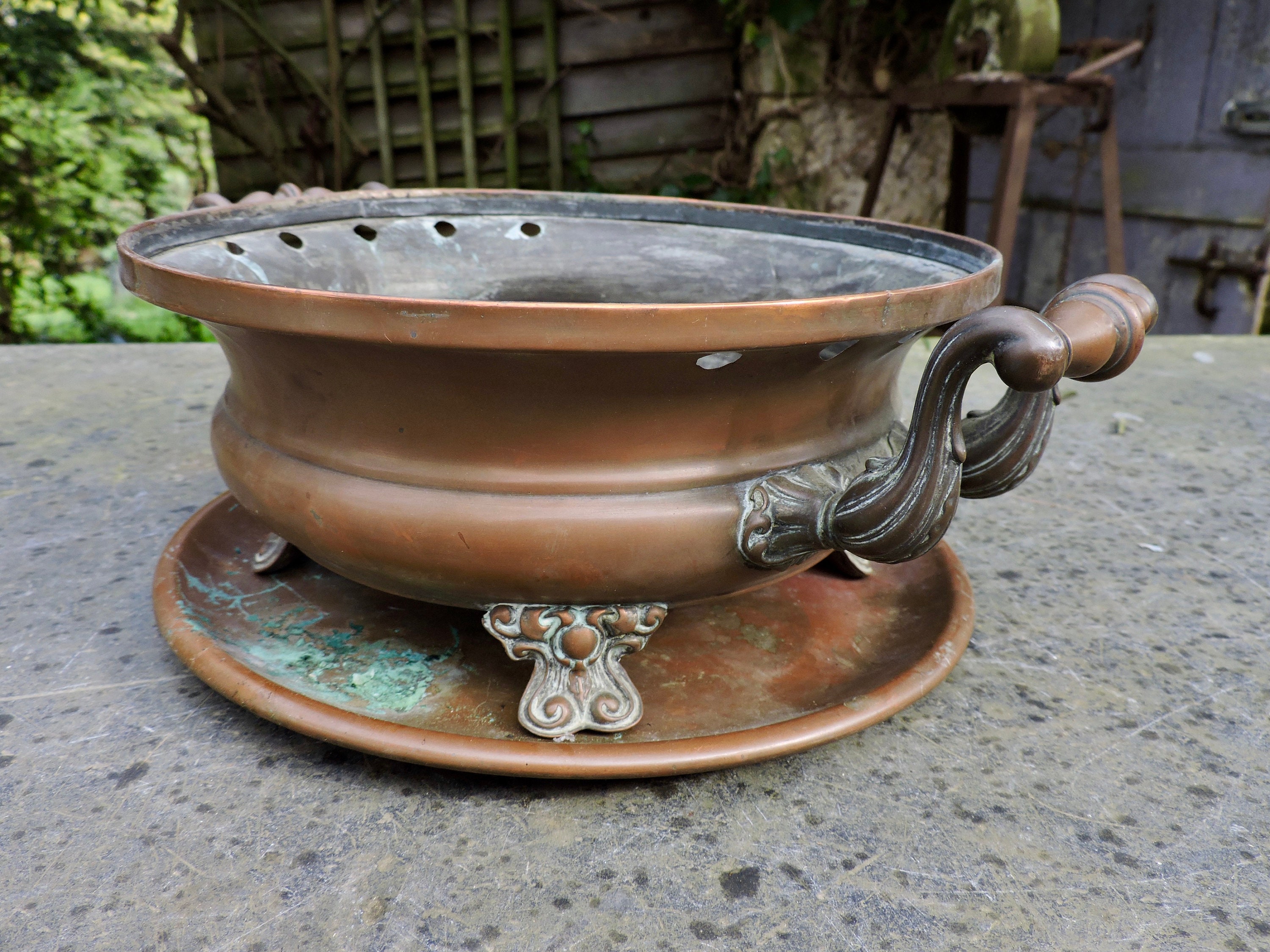 Jardinière Art Nouveau, Porte-Plante en Cuivre Français Des Années 1930 avec Assiette, Bac de Jardin