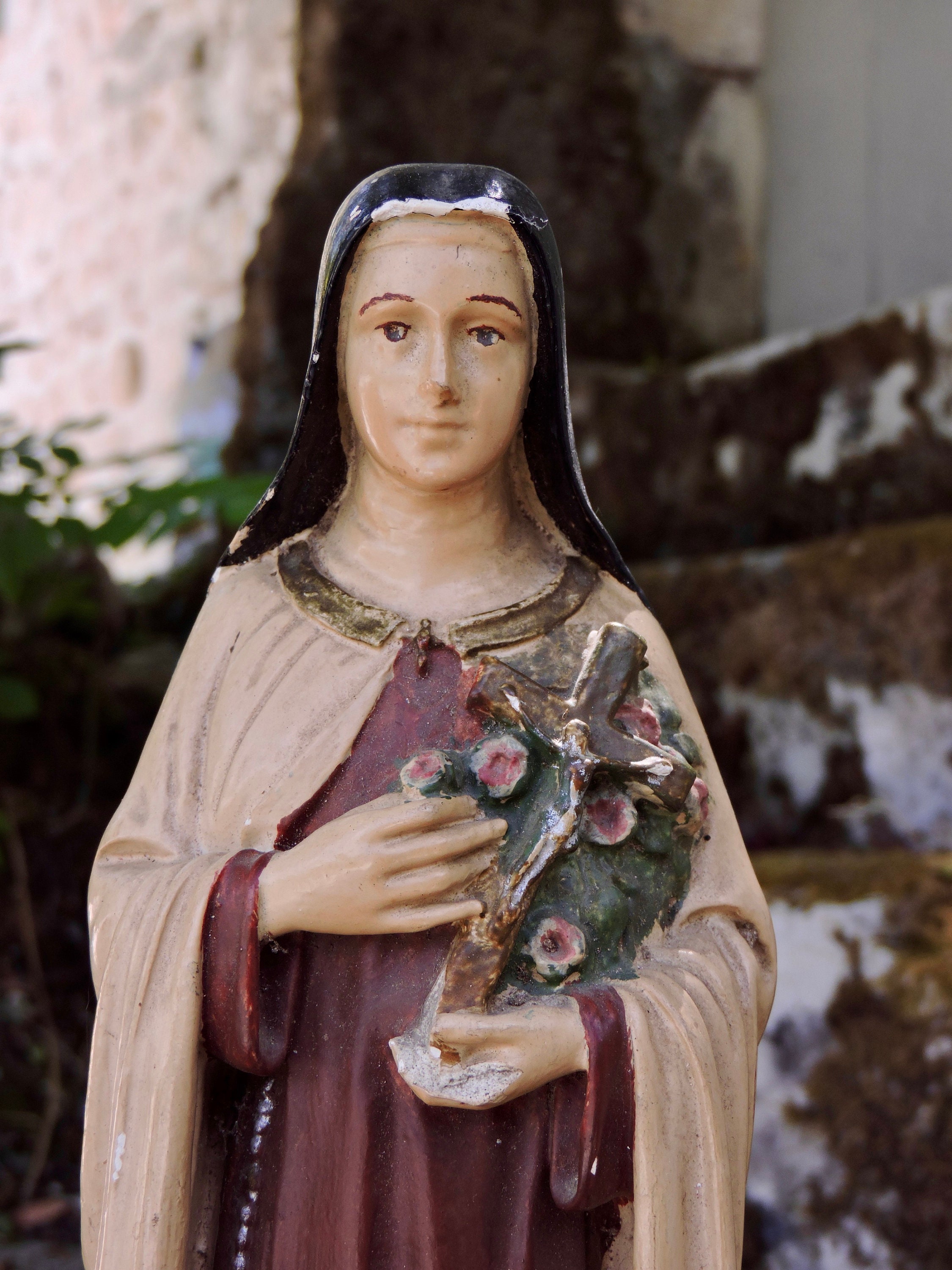 Statue de St Thérèse en Plâtre Ancien, Icône Religieuse, Figurine Catholique Chrétienne, Sculpture V