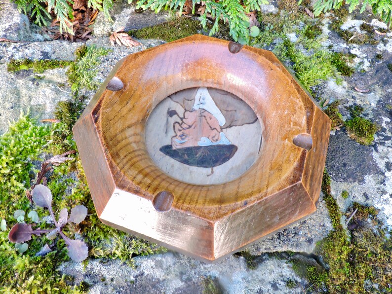Folk ArtTole Pokerwork Souvenir French Tobacciana Vintage Wood Ashtray French Carved Wood AshtrayCendrier