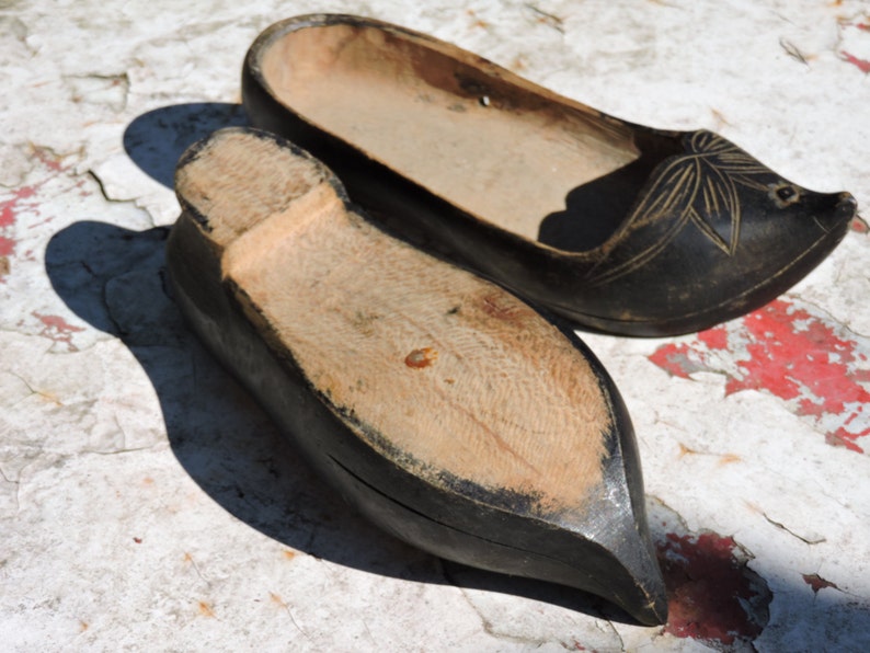 Vintage Clogs Pair of French Ladies ShoesSabots 1930s Ladies Clogs Treen Hand Made and Carved in Hardwood