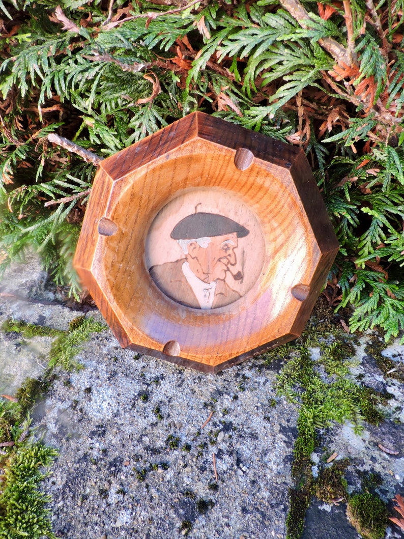 Folk ArtTole Pokerwork Souvenir French Tobacciana Vintage Wood Ashtray French Carved Wood AshtrayCendrier