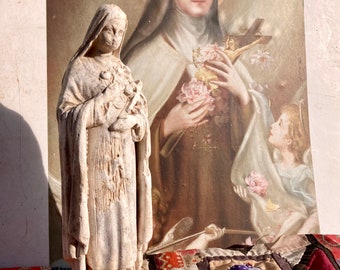 vintage statue de Sainte Thérèse, sculpture à la craie Sainte Thérèse, la petite fleur, figurine d'art chrétien, statue religieuse Pieraccini