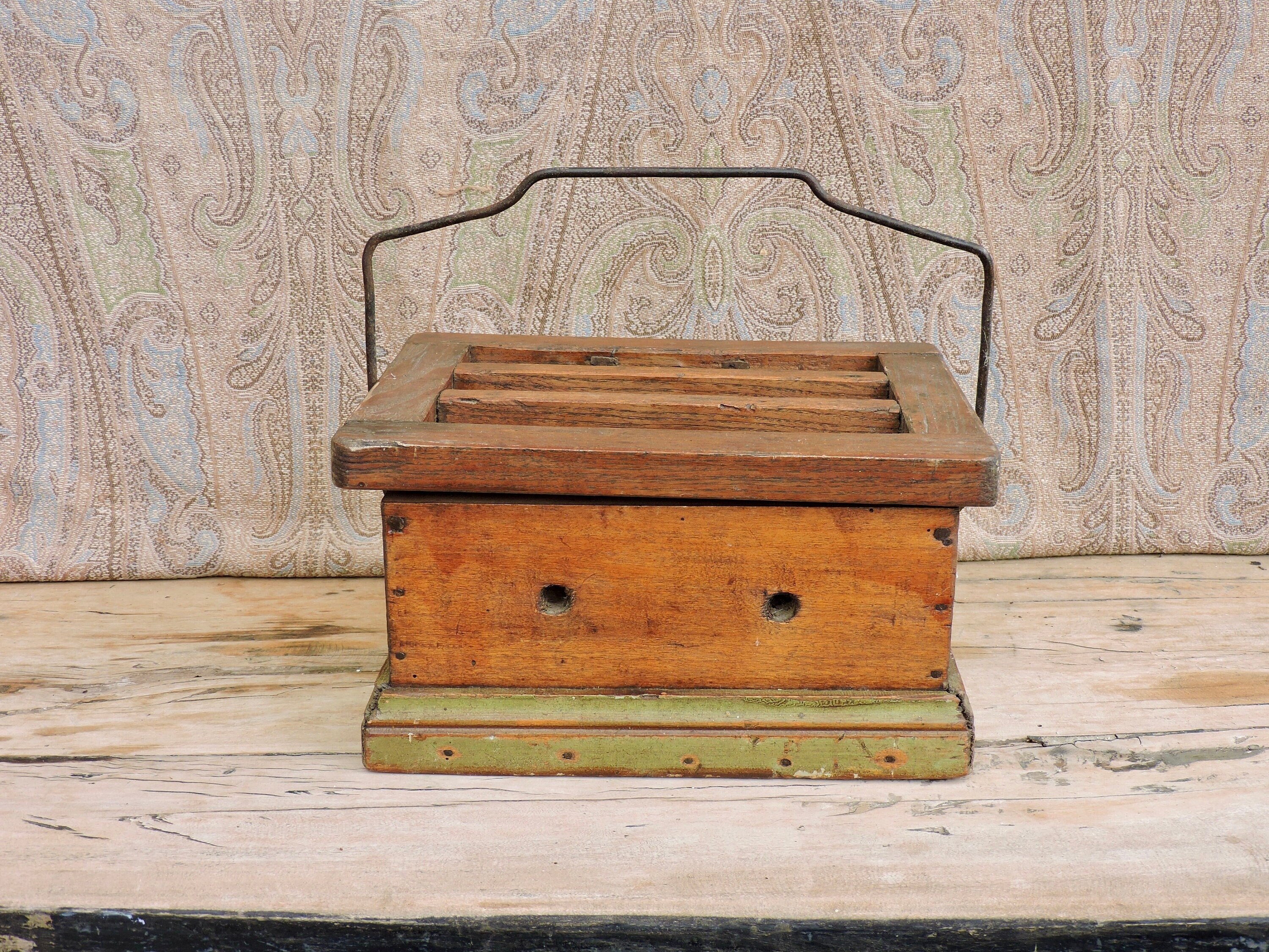 Chauffe-Pieds Vintage - Français Chauffe Antique Pied Boîte en Treillis Métal de Bois Dur à Lumière 