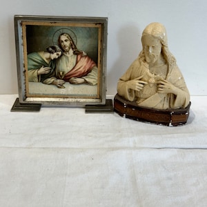 Jesus Religious Bust Sculpture, 1930s Statue of Jesus, Vintage French Catholic Figurine of Jesus Work of Art