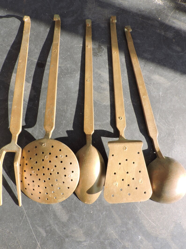 French Vintage Wall Utensils Rack and 5 Matching Brass Utensils Kitchen Utensils Holder 1950s Country Kitchen Brass Display Rack