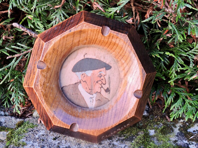 Folk ArtTole Pokerwork Souvenir French Tobacciana Vintage Wood Ashtray French Carved Wood AshtrayCendrier