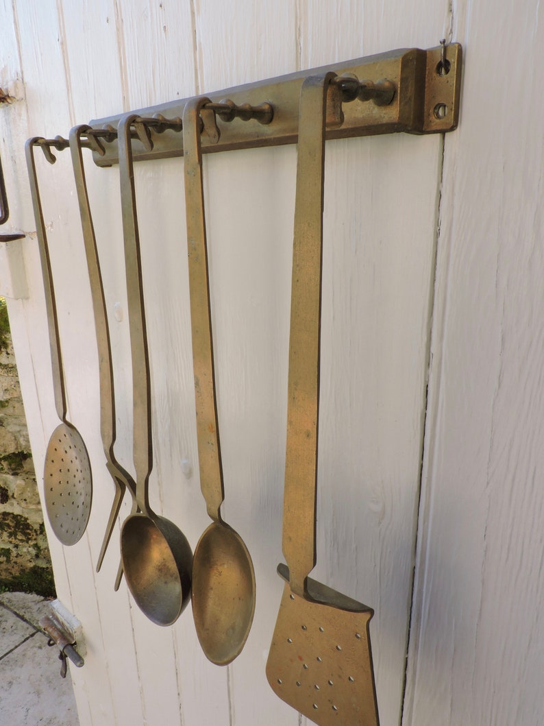 French Vintage Wall Utensils Rack and 5 Matching Brass Utensils Kitchen Utensils Holder 1950s Country Kitchen Brass Display Rack