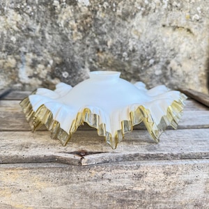 Art Deco Lamp Shade With Dark Blue Rim, Antique French Opaline Ceiling Shade, 1920s Frilly Edge Light Fitting, Vintage Glass Light Shade